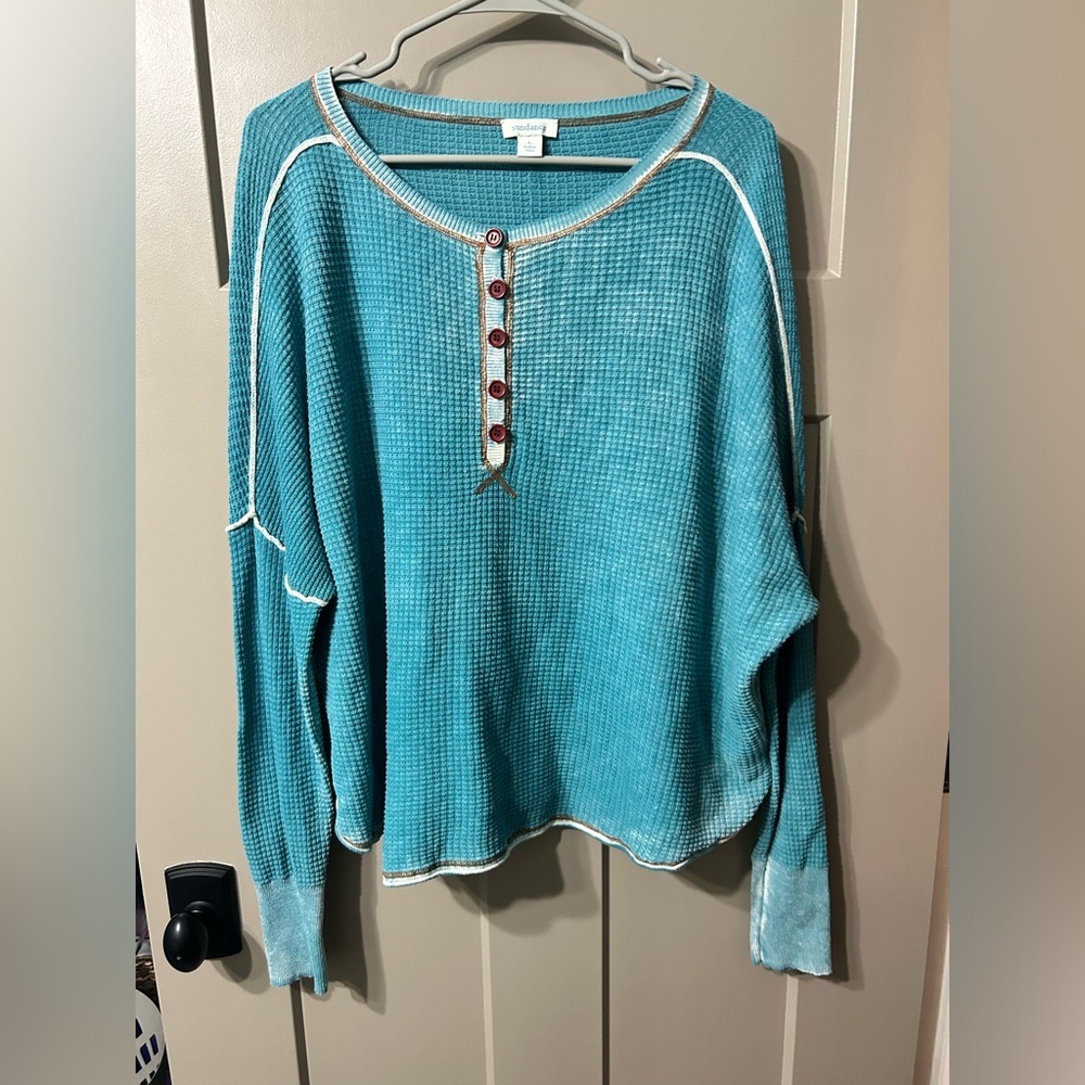 Sundance Gentry Henley Sweater Waffle long sleeve in blue teal thermal cotton